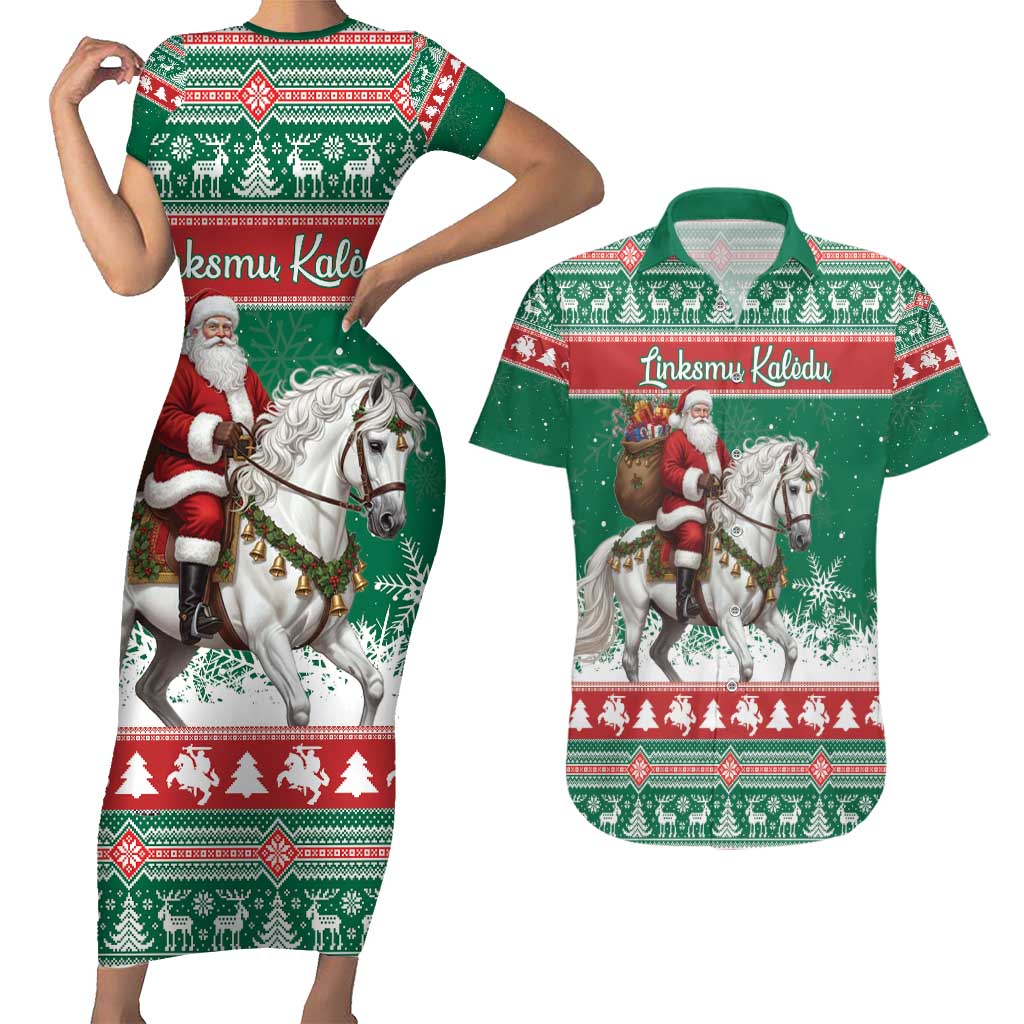 Lithuania Christmas Couples Matching Short Sleeve Bodycon Dress and Hawaiian Shirt Santa Riding White Horse Linksmu Kaledu - Wonder Print Shop