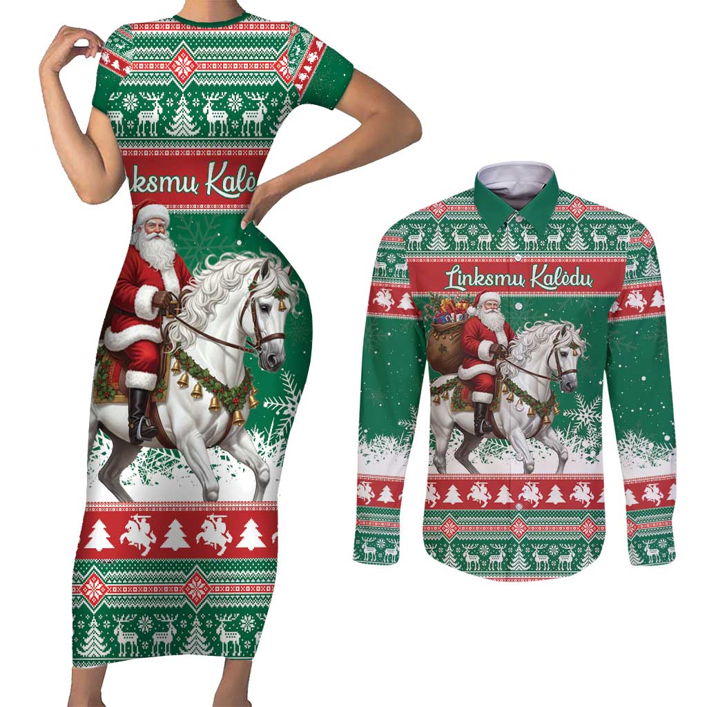 Lithuania Christmas Couples Matching Short Sleeve Bodycon Dress and Long Sleeve Button Shirt Santa Riding White Horse Linksmu Kaledu - Wonder Print Shop