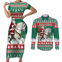 Lithuania Christmas Couples Matching Short Sleeve Bodycon Dress and Long Sleeve Button Shirt Santa Riding White Horse Linksmu Kaledu - Wonder Print Shop