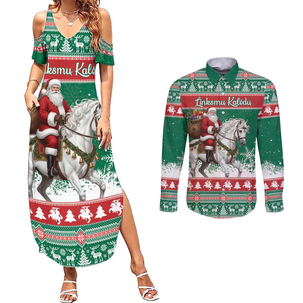 Lithuania Christmas Couples Matching Summer Maxi Dress and Long Sleeve Button Shirt Santa Riding White Horse Linksmu Kaledu - Wonder Print Shop