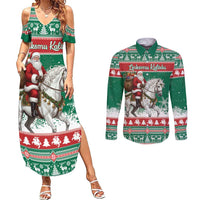 Lithuania Christmas Couples Matching Summer Maxi Dress and Long Sleeve Button Shirt Santa Riding White Horse Linksmu Kaledu - Wonder Print Shop