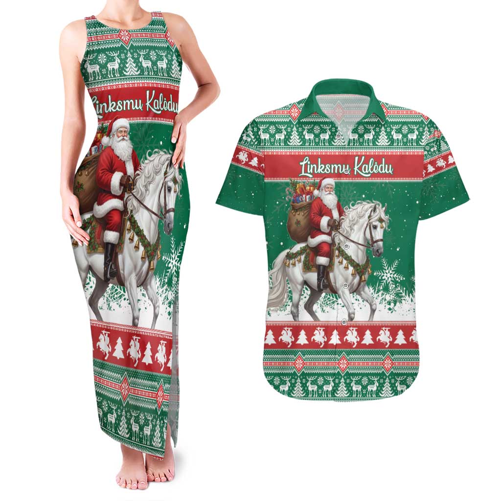 Lithuania Christmas Couples Matching Tank Maxi Dress and Hawaiian Shirt Santa Riding White Horse Linksmu Kaledu - Wonder Print Shop