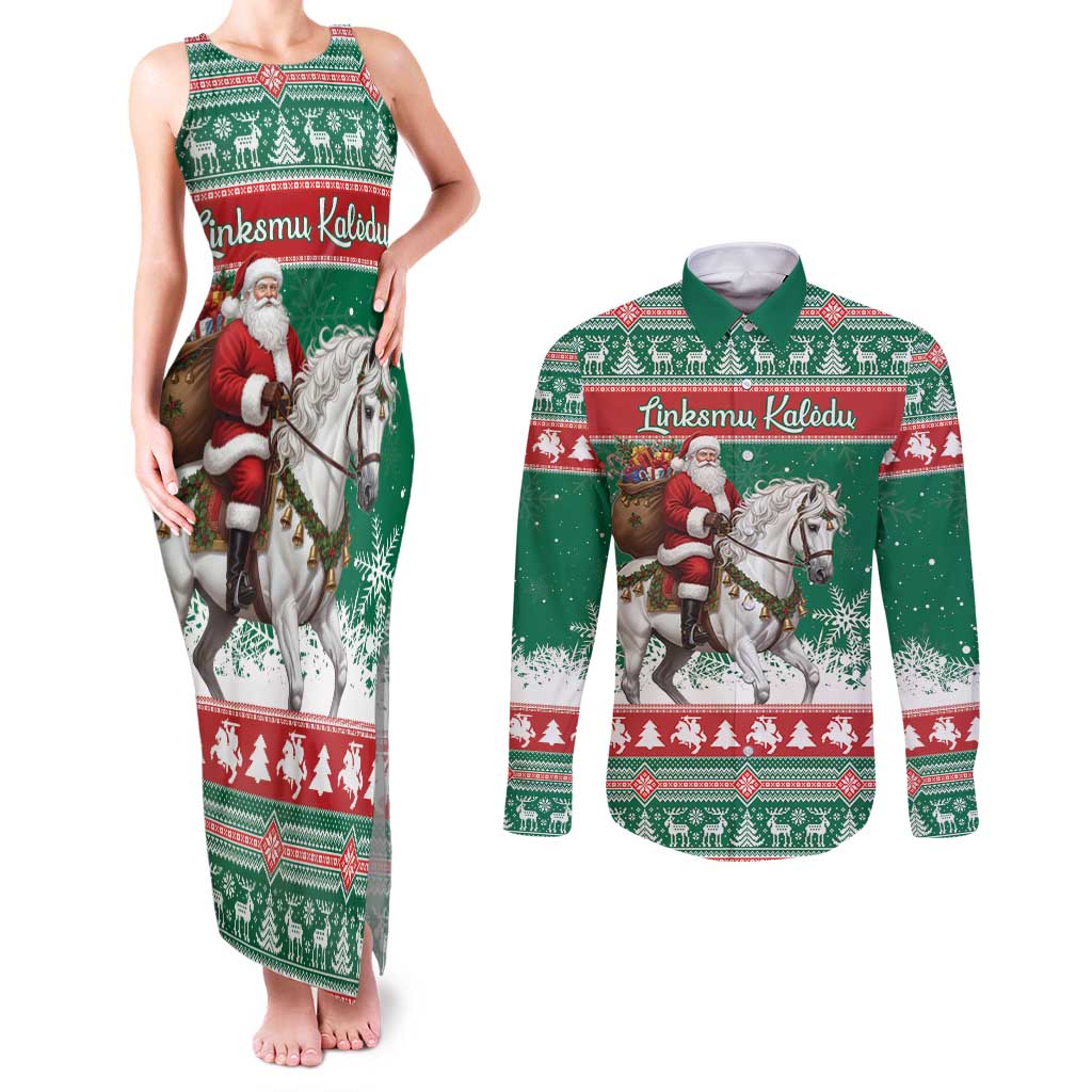 Lithuania Christmas Couples Matching Tank Maxi Dress and Long Sleeve Button Shirt Santa Riding White Horse Linksmu Kaledu - Wonder Print Shop