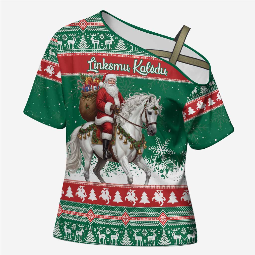 Lithuania Christmas Cross Shoulder Shirt Santa Riding White Horse Linksmu Kaledu - Wonder Print Shop