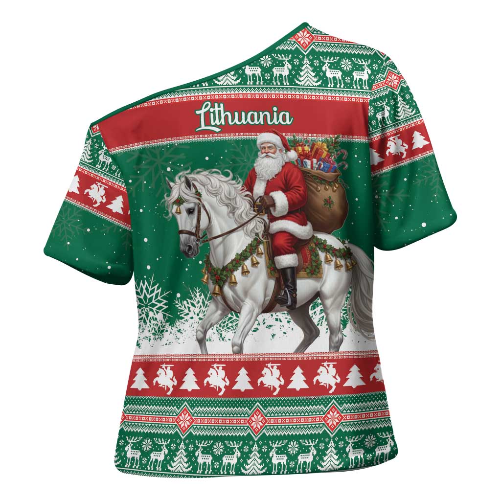 Lithuania Christmas Cross Shoulder Shirt Santa Riding White Horse Linksmu Kaledu - Wonder Print Shop