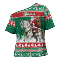 Lithuania Christmas Cross Shoulder Shirt Santa Riding White Horse Linksmu Kaledu - Wonder Print Shop