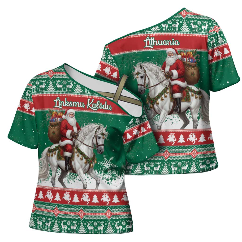Lithuania Christmas Cross Shoulder Shirt Santa Riding White Horse Linksmu Kaledu - Wonder Print Shop
