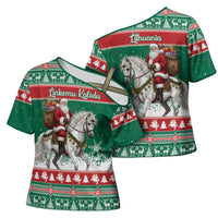 Lithuania Christmas Cross Shoulder Shirt Santa Riding White Horse Linksmu Kaledu - Wonder Print Shop