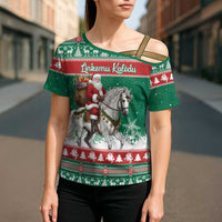 Lithuania Christmas Cross Shoulder Shirt Santa Riding White Horse Linksmu Kaledu - Wonder Print Shop