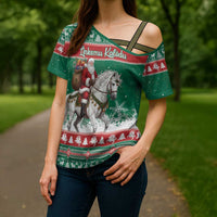 Lithuania Christmas Cross Shoulder Shirt Santa Riding White Horse Linksmu Kaledu - Wonder Print Shop
