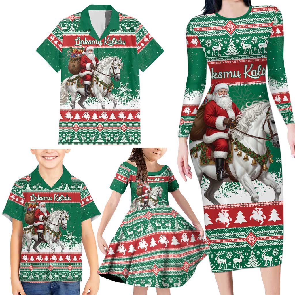 Lithuania Christmas Family Matching Long Sleeve Bodycon Dress and Hawaiian Shirt Santa Riding White Horse Linksmu Kaledu - Wonder Print Shop
