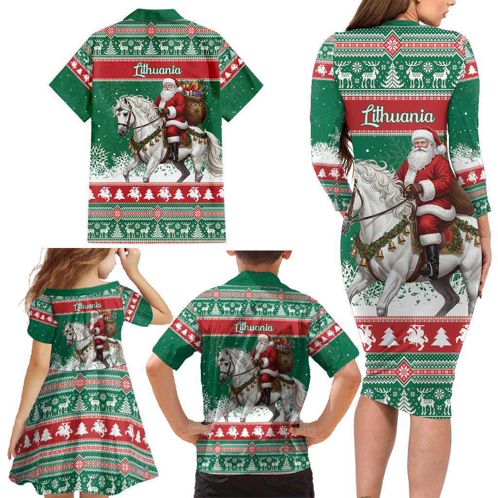 Lithuania Christmas Family Matching Long Sleeve Bodycon Dress and Hawaiian Shirt Santa Riding White Horse Linksmu Kaledu - Wonder Print Shop