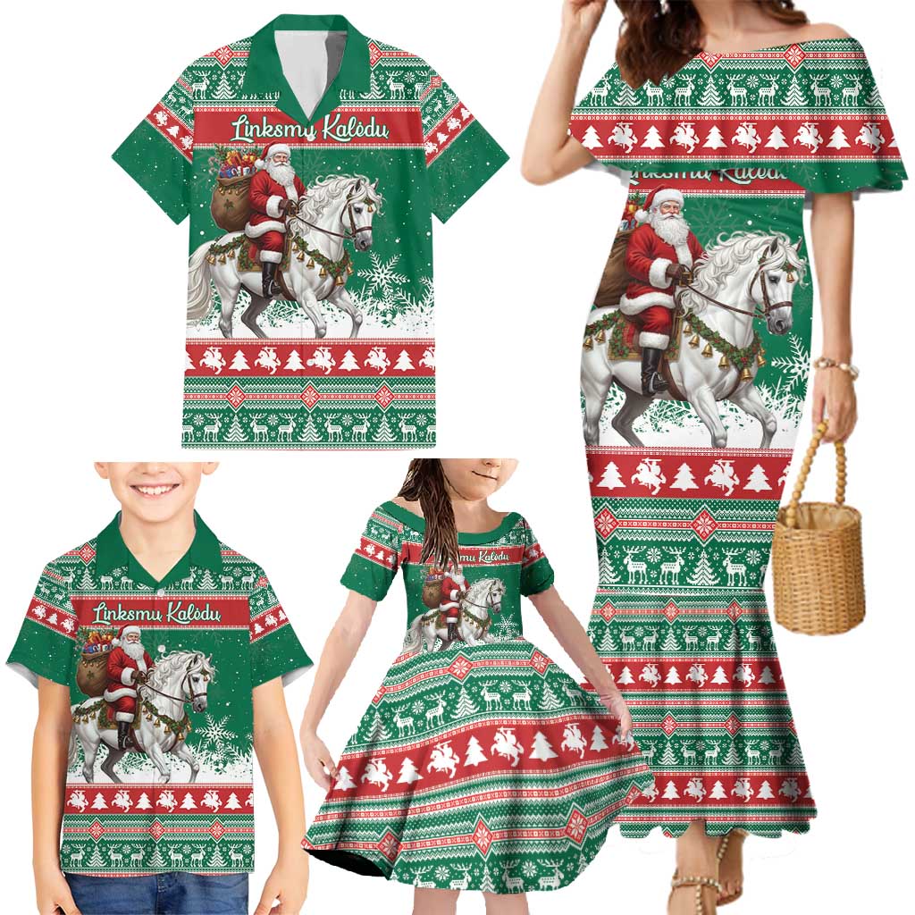 Lithuania Christmas Family Matching Mermaid Dress and Hawaiian Shirt Santa Riding White Horse Linksmu Kaledu - Wonder Print Shop