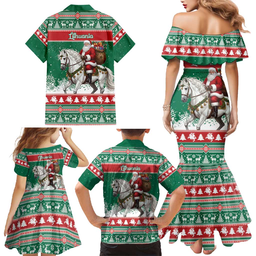 Lithuania Christmas Family Matching Mermaid Dress and Hawaiian Shirt Santa Riding White Horse Linksmu Kaledu - Wonder Print Shop