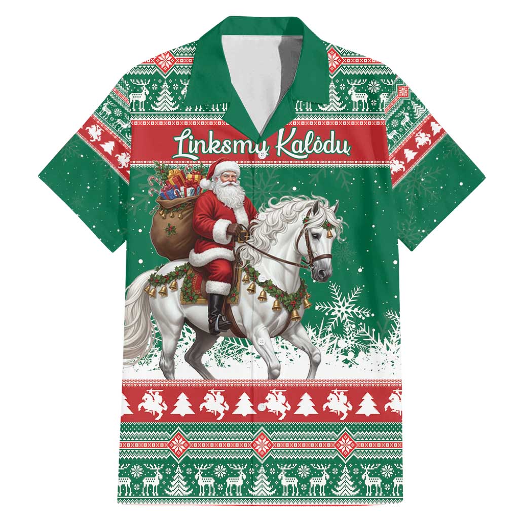 Lithuania Christmas Family Matching Mermaid Dress and Hawaiian Shirt Santa Riding White Horse Linksmu Kaledu - Wonder Print Shop
