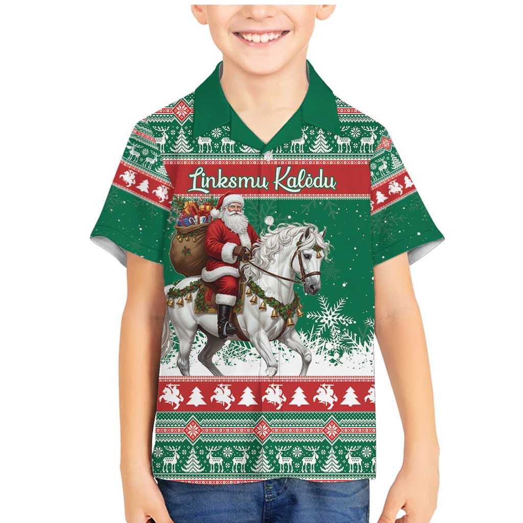 Lithuania Christmas Family Matching Mermaid Dress and Hawaiian Shirt Santa Riding White Horse Linksmu Kaledu - Wonder Print Shop