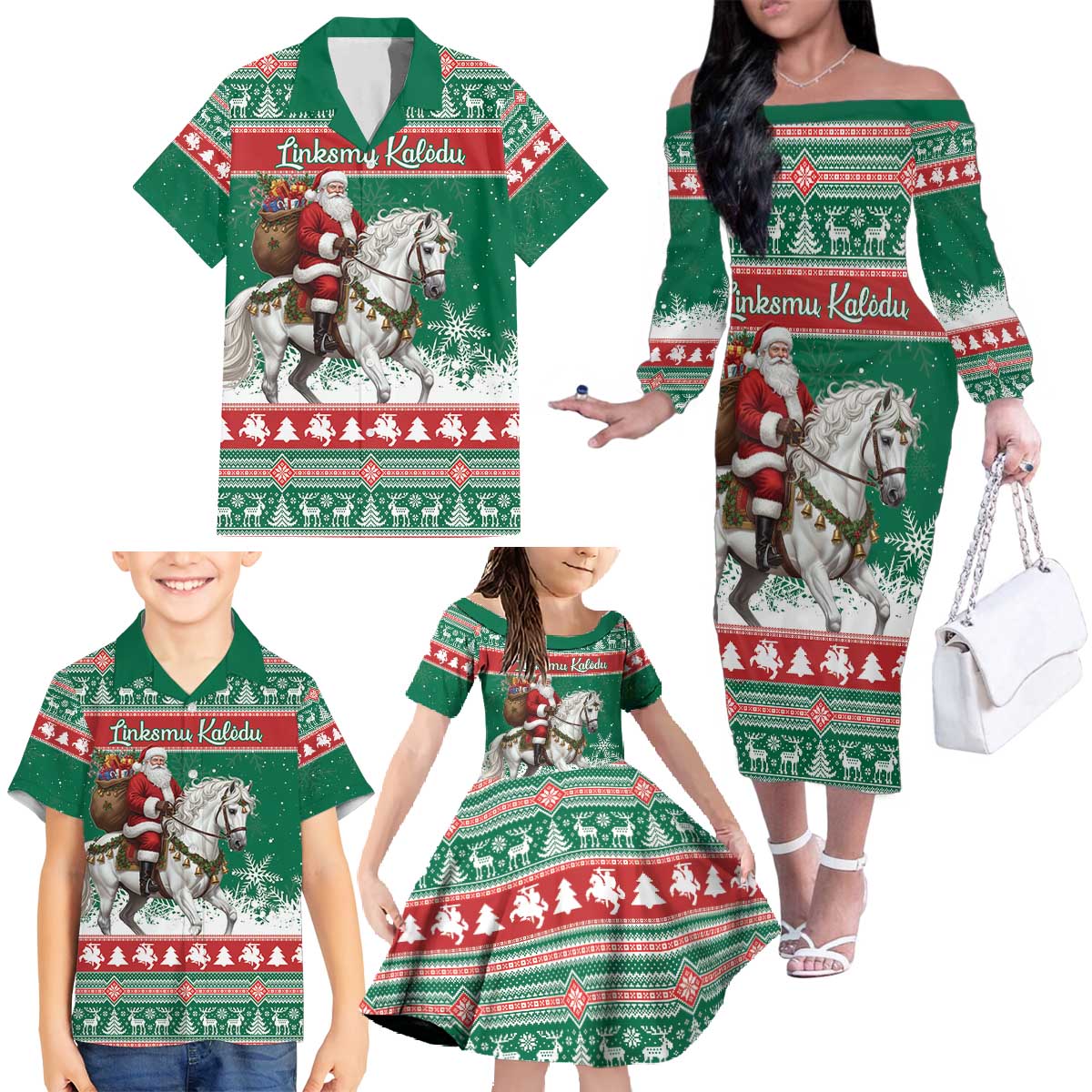 Lithuania Christmas Family Matching Off The Shoulder Long Sleeve Dress and Hawaiian Shirt Santa Riding White Horse Linksmu Kaledu - Wonder Print Shop