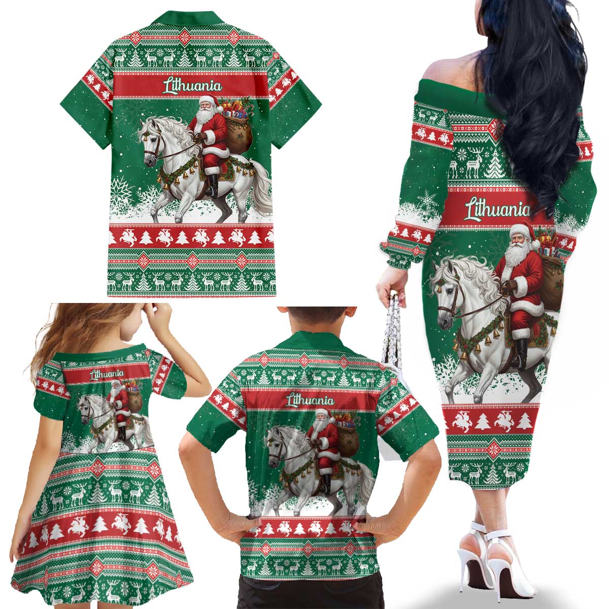 Lithuania Christmas Family Matching Off The Shoulder Long Sleeve Dress and Hawaiian Shirt Santa Riding White Horse Linksmu Kaledu - Wonder Print Shop