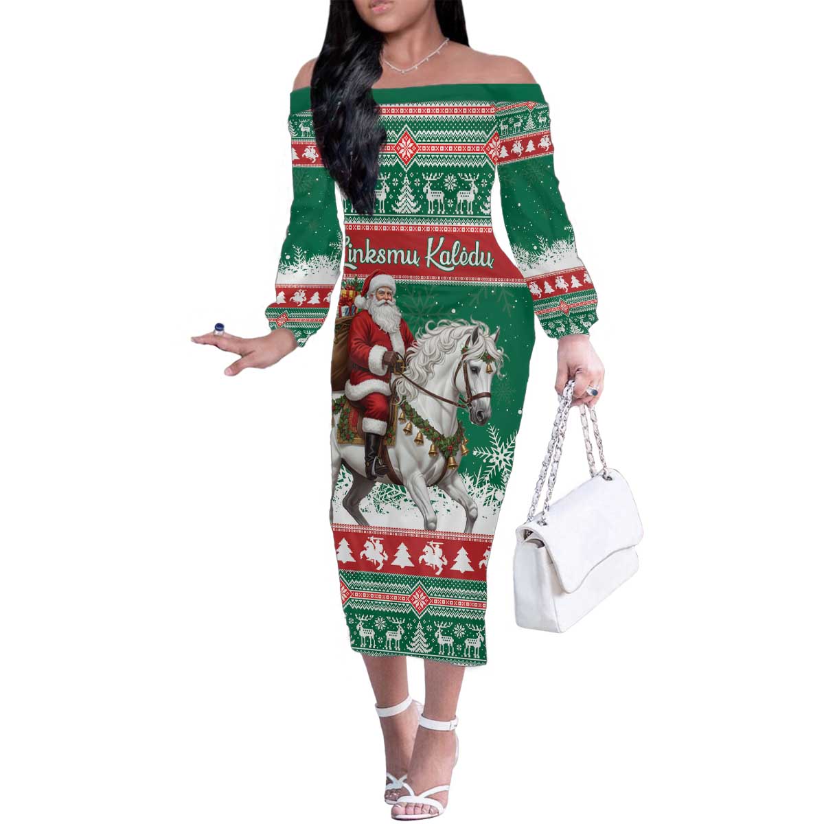 Lithuania Christmas Family Matching Off The Shoulder Long Sleeve Dress and Hawaiian Shirt Santa Riding White Horse Linksmu Kaledu - Wonder Print Shop