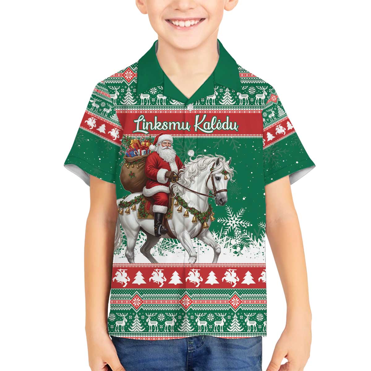 Lithuania Christmas Family Matching Off The Shoulder Long Sleeve Dress and Hawaiian Shirt Santa Riding White Horse Linksmu Kaledu - Wonder Print Shop