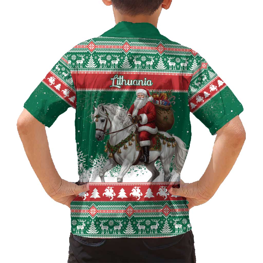 Lithuania Christmas Family Matching Off Shoulder Maxi Dress and Hawaiian Shirt Santa Riding White Horse Linksmu Kaledu - Wonder Print Shop