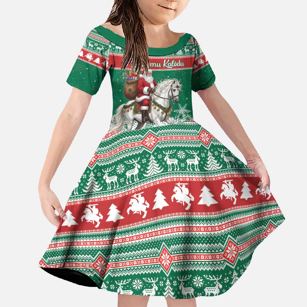 Lithuania Christmas Family Matching Off Shoulder Maxi Dress and Hawaiian Shirt Santa Riding White Horse Linksmu Kaledu - Wonder Print Shop