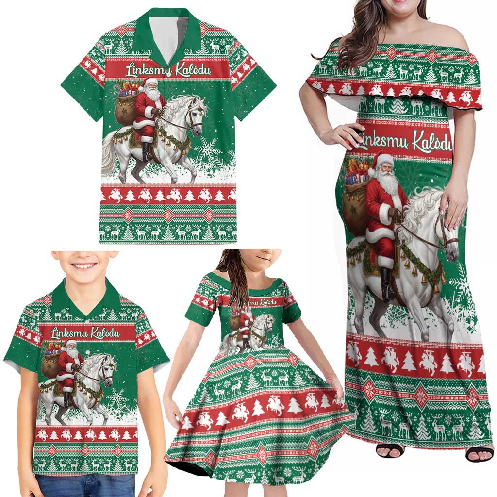 Lithuania Christmas Family Matching Off Shoulder Maxi Dress and Hawaiian Shirt Santa Riding White Horse Linksmu Kaledu - Wonder Print Shop