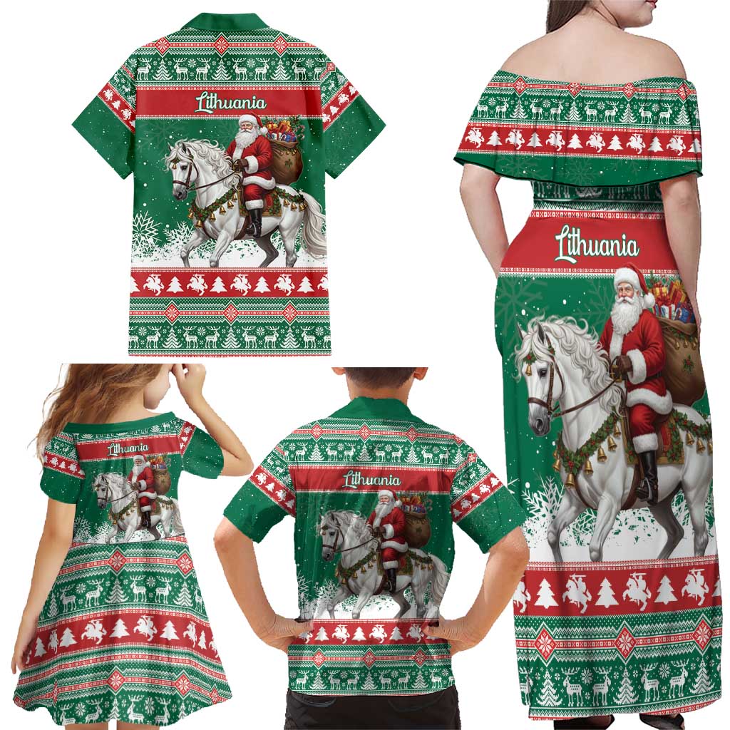 Lithuania Christmas Family Matching Off Shoulder Maxi Dress and Hawaiian Shirt Santa Riding White Horse Linksmu Kaledu - Wonder Print Shop