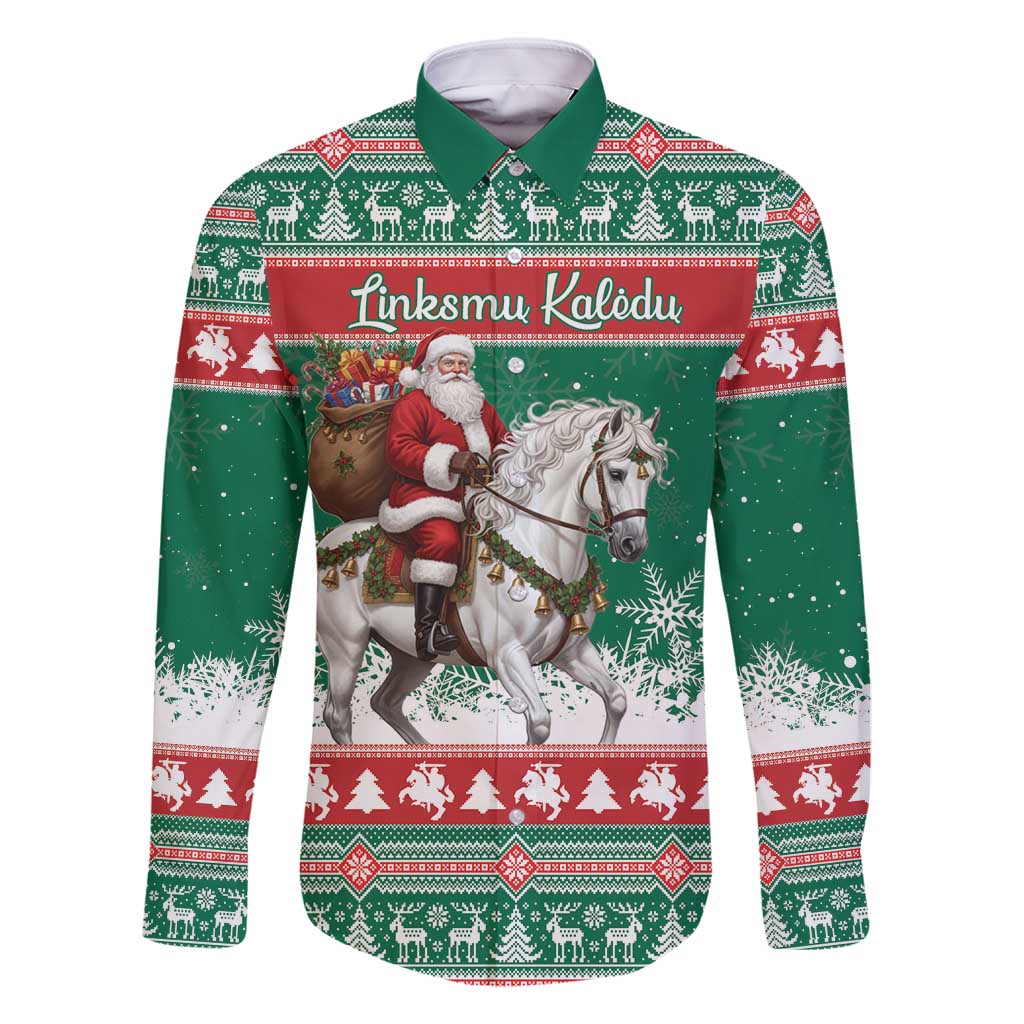 Lithuania Christmas Family Matching Off Shoulder Maxi Dress and Hawaiian Shirt Santa Riding White Horse Linksmu Kaledu - Wonder Print Shop