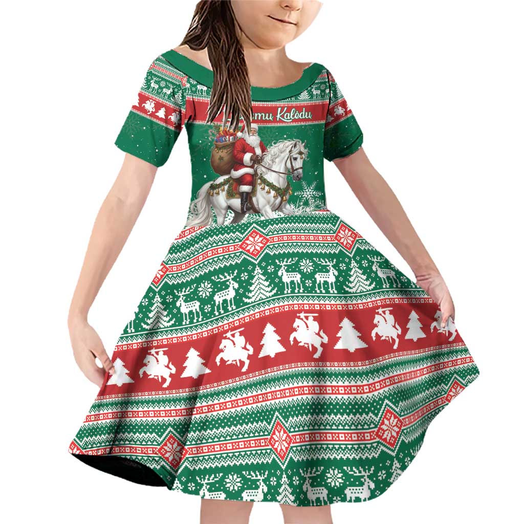 Lithuania Christmas Family Matching Off Shoulder Short Dress and Hawaiian Shirt Santa Riding White Horse Linksmu Kaledu - Wonder Print Shop