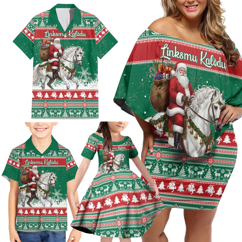 Lithuania Christmas Family Matching Off Shoulder Short Dress and Hawaiian Shirt Santa Riding White Horse Linksmu Kaledu - Wonder Print Shop