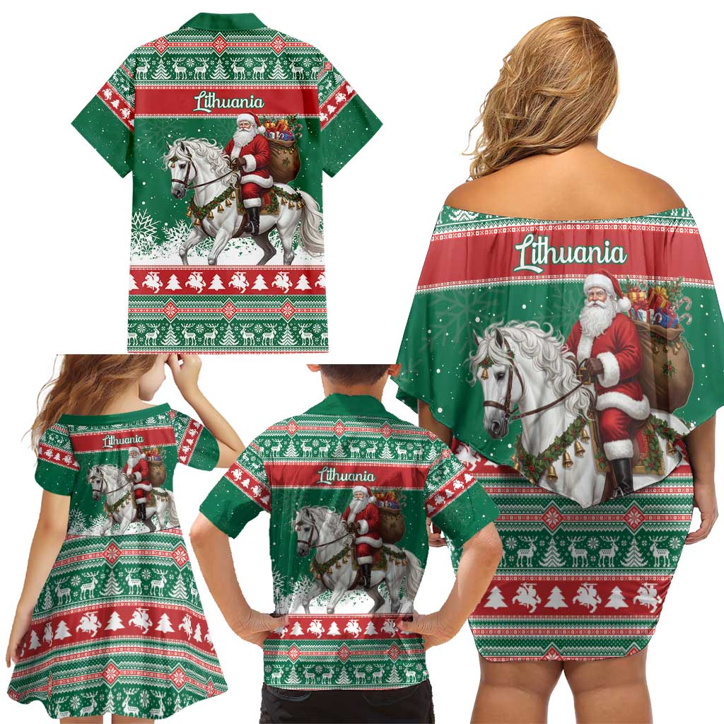 Lithuania Christmas Family Matching Off Shoulder Short Dress and Hawaiian Shirt Santa Riding White Horse Linksmu Kaledu - Wonder Print Shop