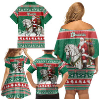 Lithuania Christmas Family Matching Off Shoulder Short Dress and Hawaiian Shirt Santa Riding White Horse Linksmu Kaledu - Wonder Print Shop