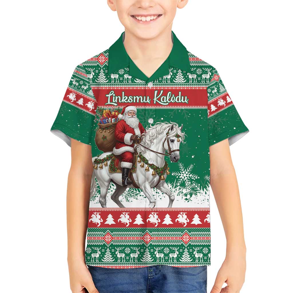 Lithuania Christmas Family Matching Off Shoulder Short Dress and Hawaiian Shirt Santa Riding White Horse Linksmu Kaledu - Wonder Print Shop