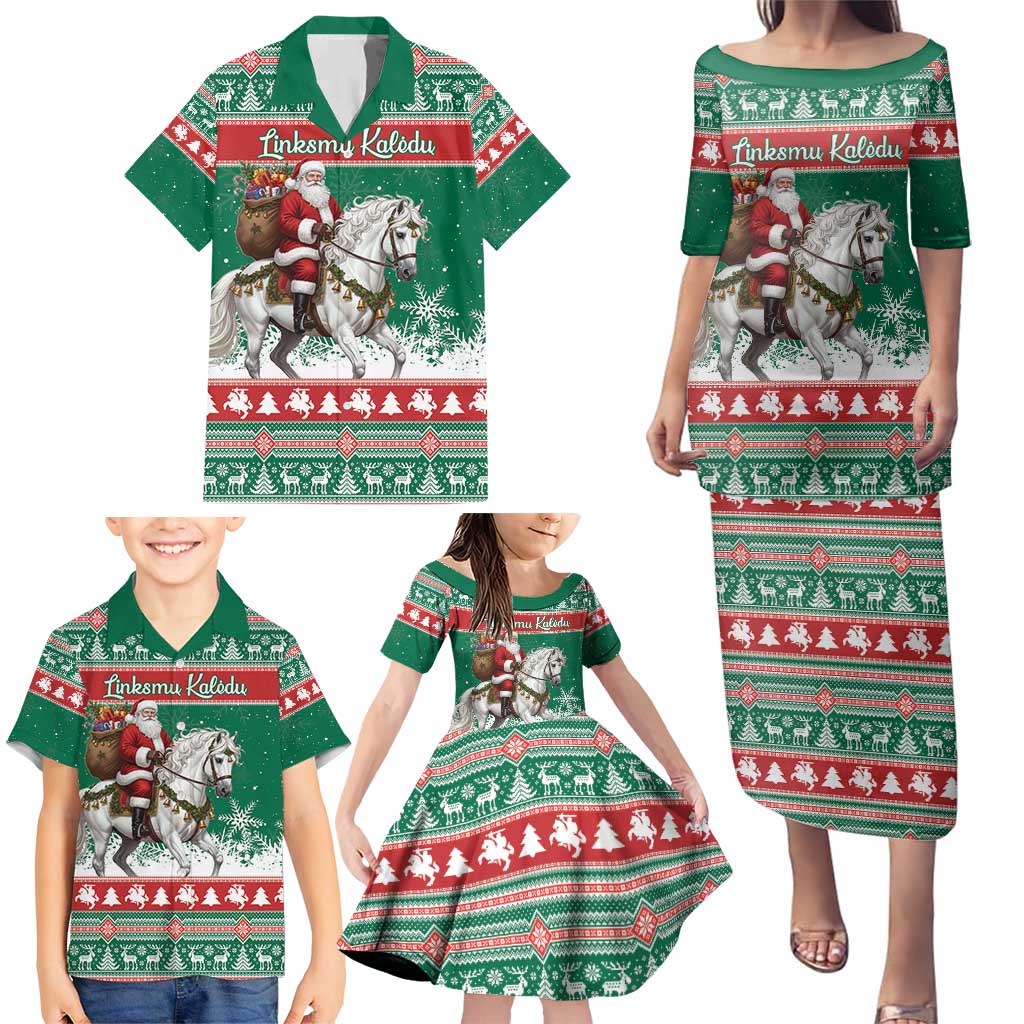 Lithuania Christmas Family Matching Puletasi and Hawaiian Shirt Santa Riding White Horse Linksmu Kaledu - Wonder Print Shop