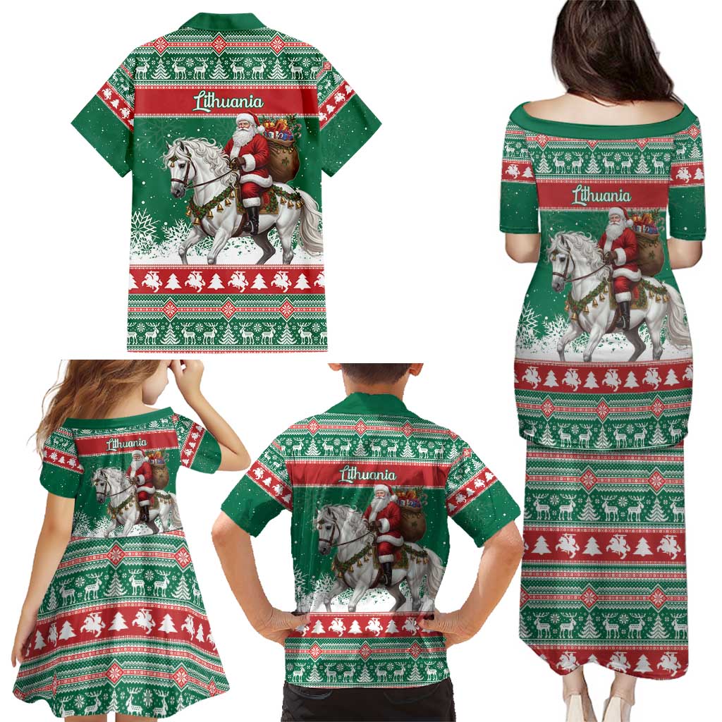 Lithuania Christmas Family Matching Puletasi and Hawaiian Shirt Santa Riding White Horse Linksmu Kaledu - Wonder Print Shop