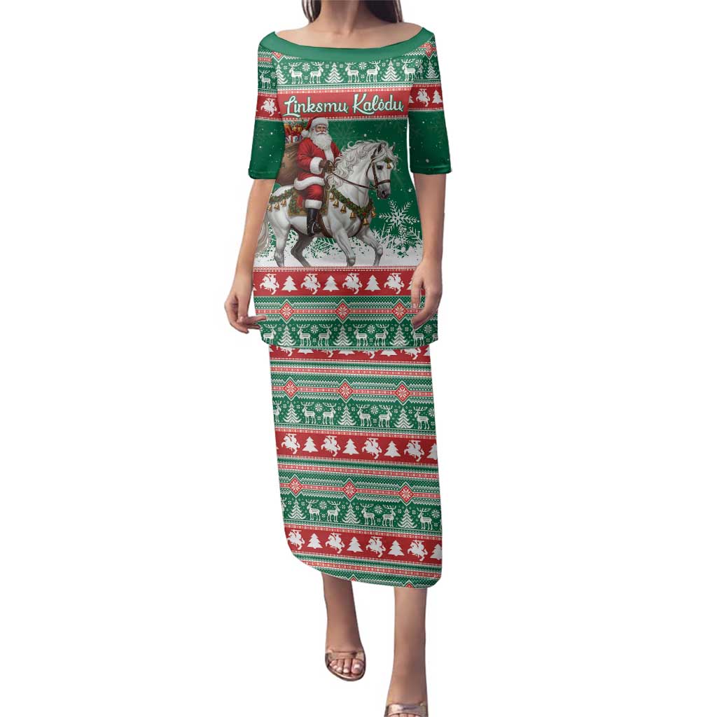 Lithuania Christmas Family Matching Puletasi and Hawaiian Shirt Santa Riding White Horse Linksmu Kaledu - Wonder Print Shop