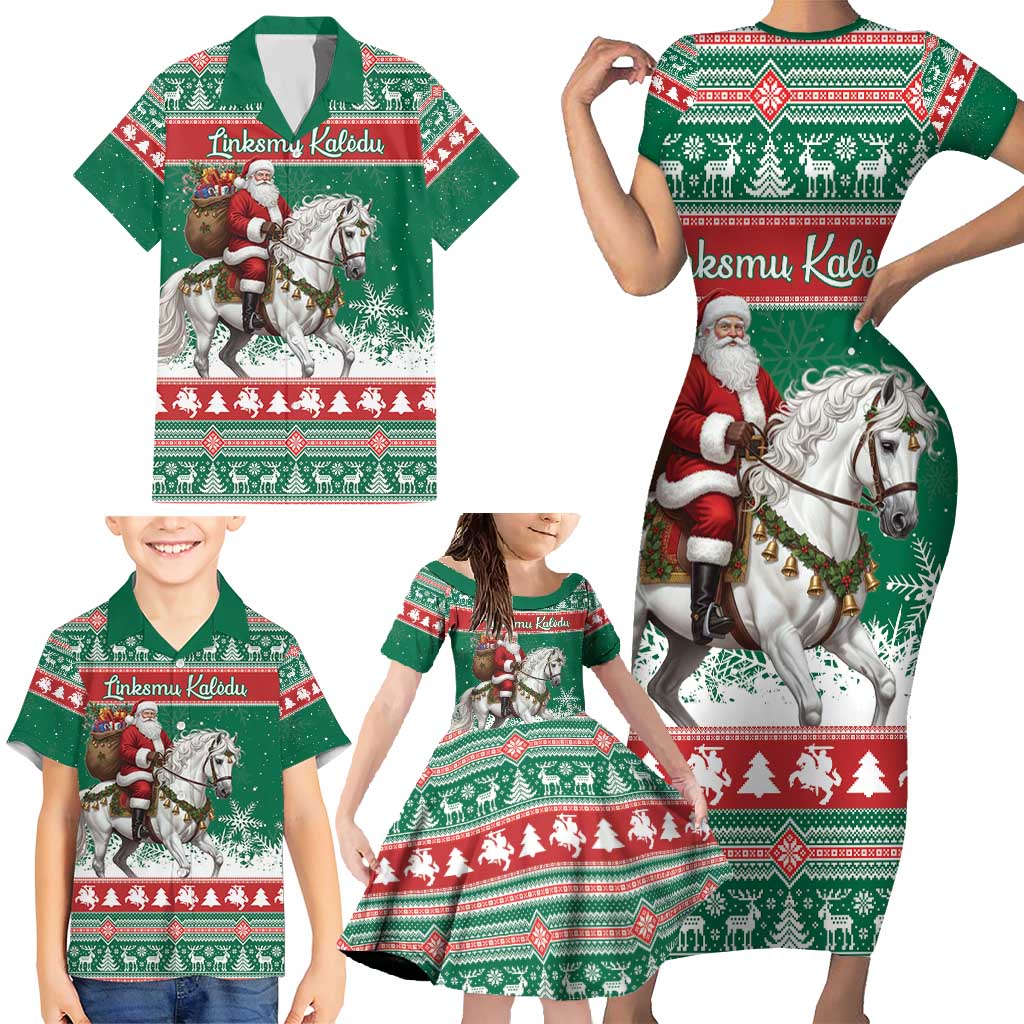 Lithuania Christmas Family Matching Short Sleeve Bodycon Dress and Hawaiian Shirt Santa Riding White Horse Linksmu Kaledu - Wonder Print Shop