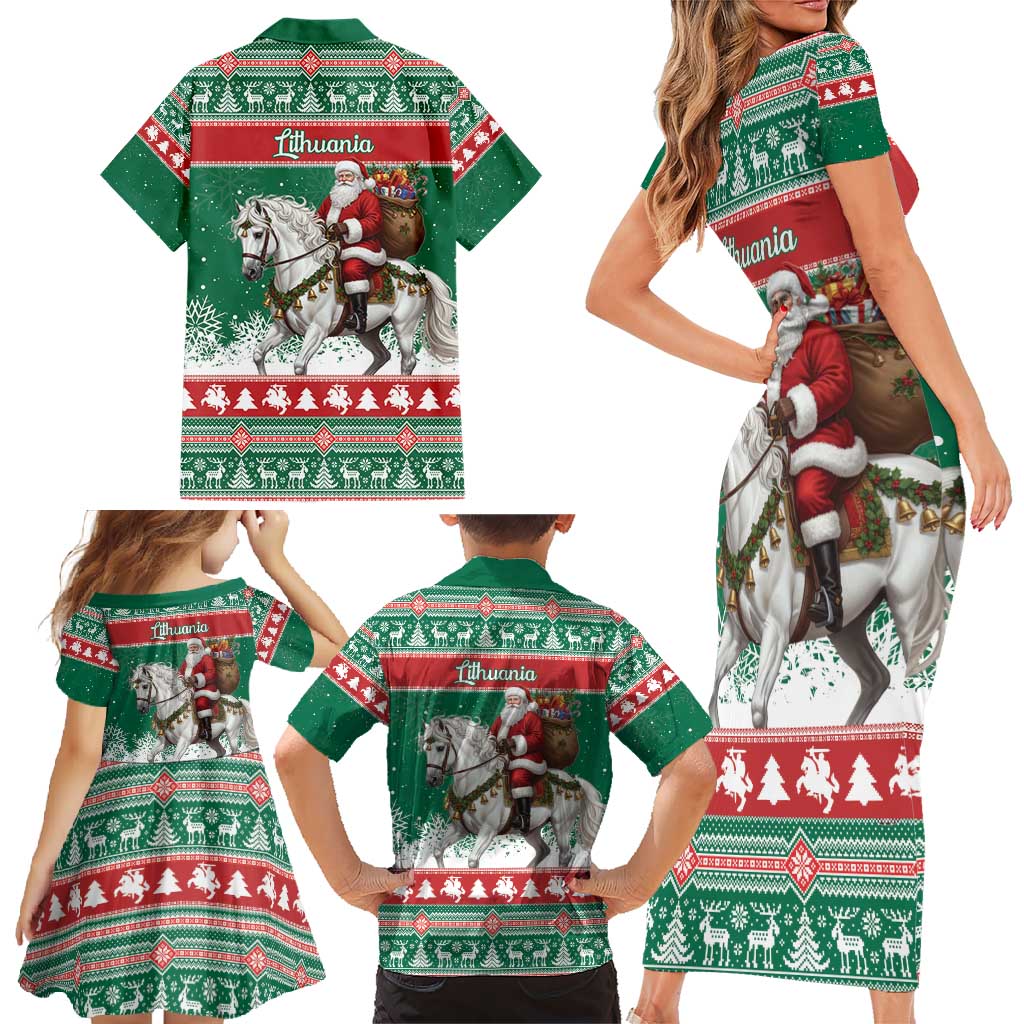 Lithuania Christmas Family Matching Short Sleeve Bodycon Dress and Hawaiian Shirt Santa Riding White Horse Linksmu Kaledu - Wonder Print Shop