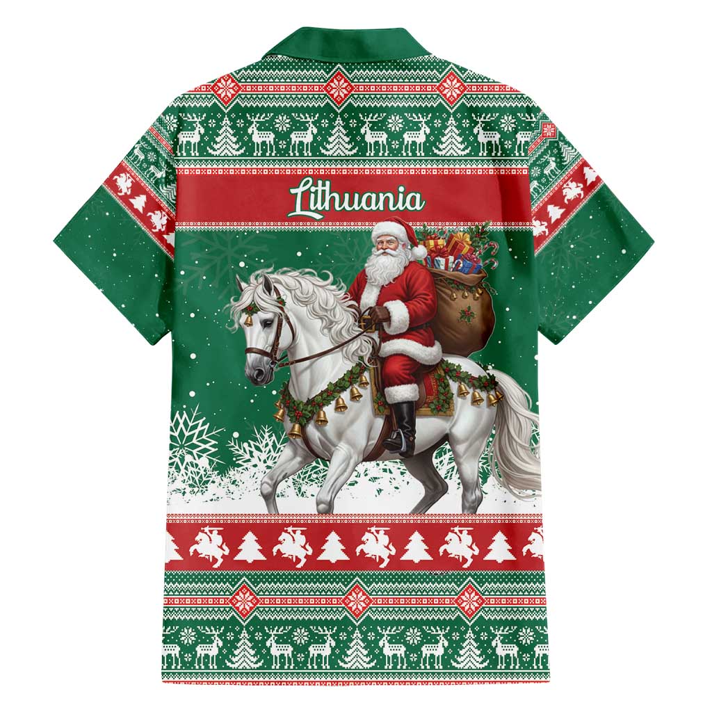 Lithuania Christmas Family Matching Short Sleeve Bodycon Dress and Hawaiian Shirt Santa Riding White Horse Linksmu Kaledu - Wonder Print Shop