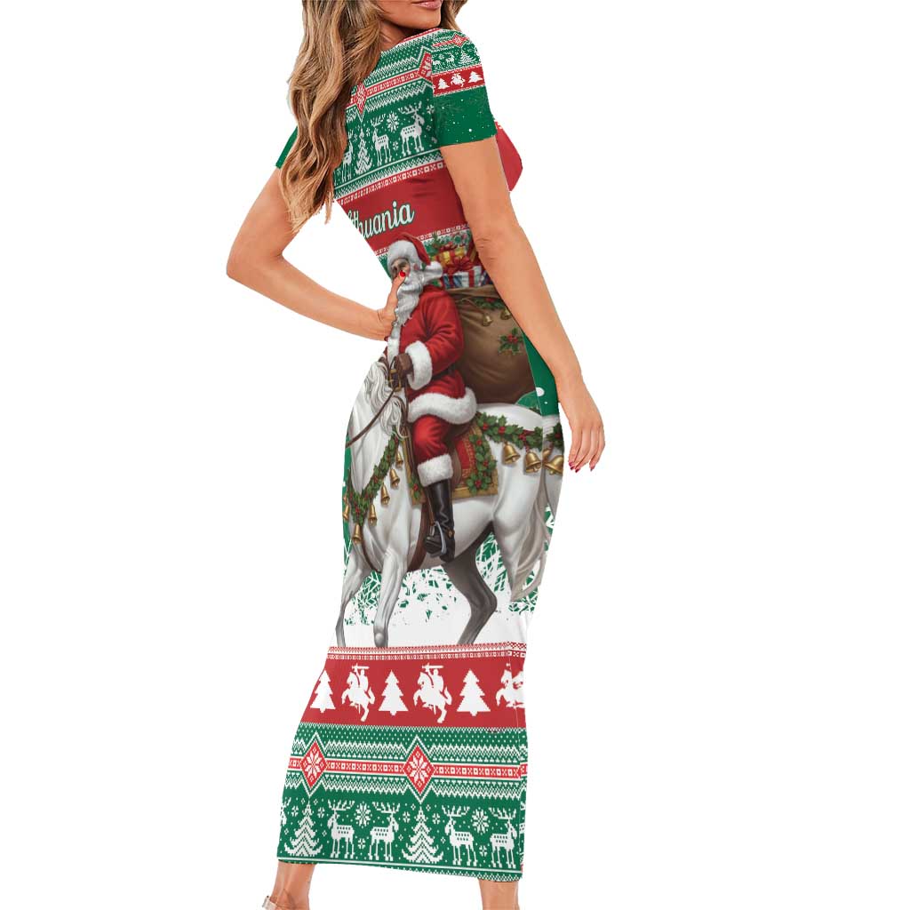 Lithuania Christmas Family Matching Short Sleeve Bodycon Dress and Hawaiian Shirt Santa Riding White Horse Linksmu Kaledu - Wonder Print Shop
