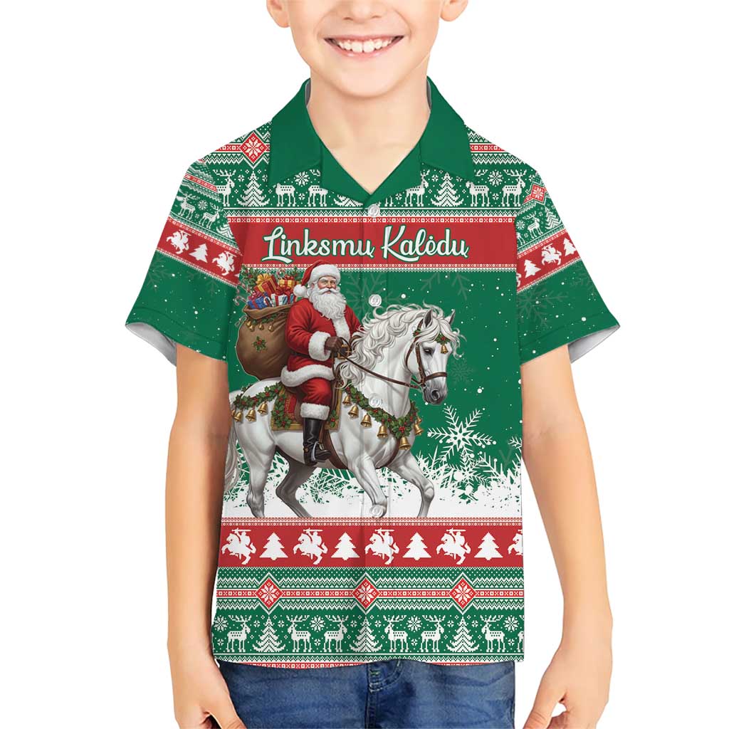 Lithuania Christmas Family Matching Short Sleeve Bodycon Dress and Hawaiian Shirt Santa Riding White Horse Linksmu Kaledu - Wonder Print Shop