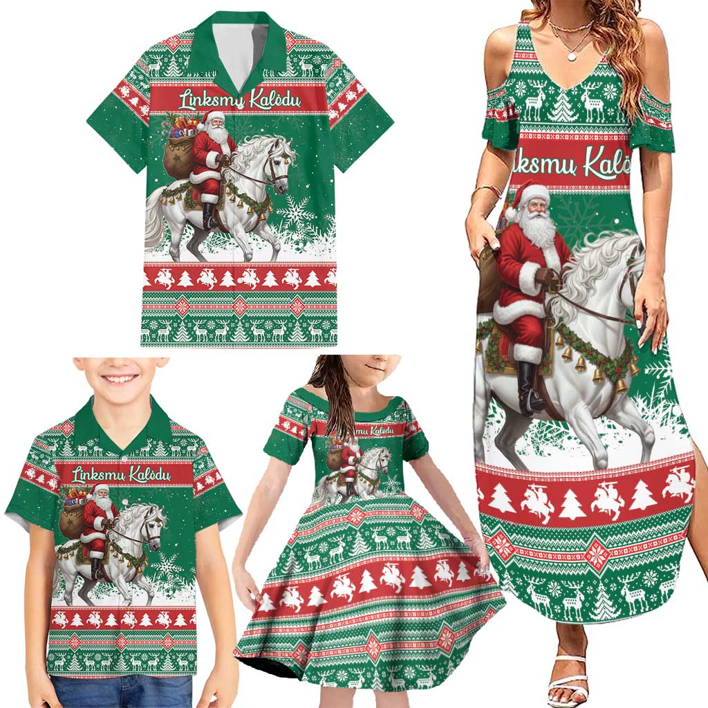 Lithuania Christmas Family Matching Summer Maxi Dress and Hawaiian Shirt Santa Riding White Horse Linksmu Kaledu - Wonder Print Shop