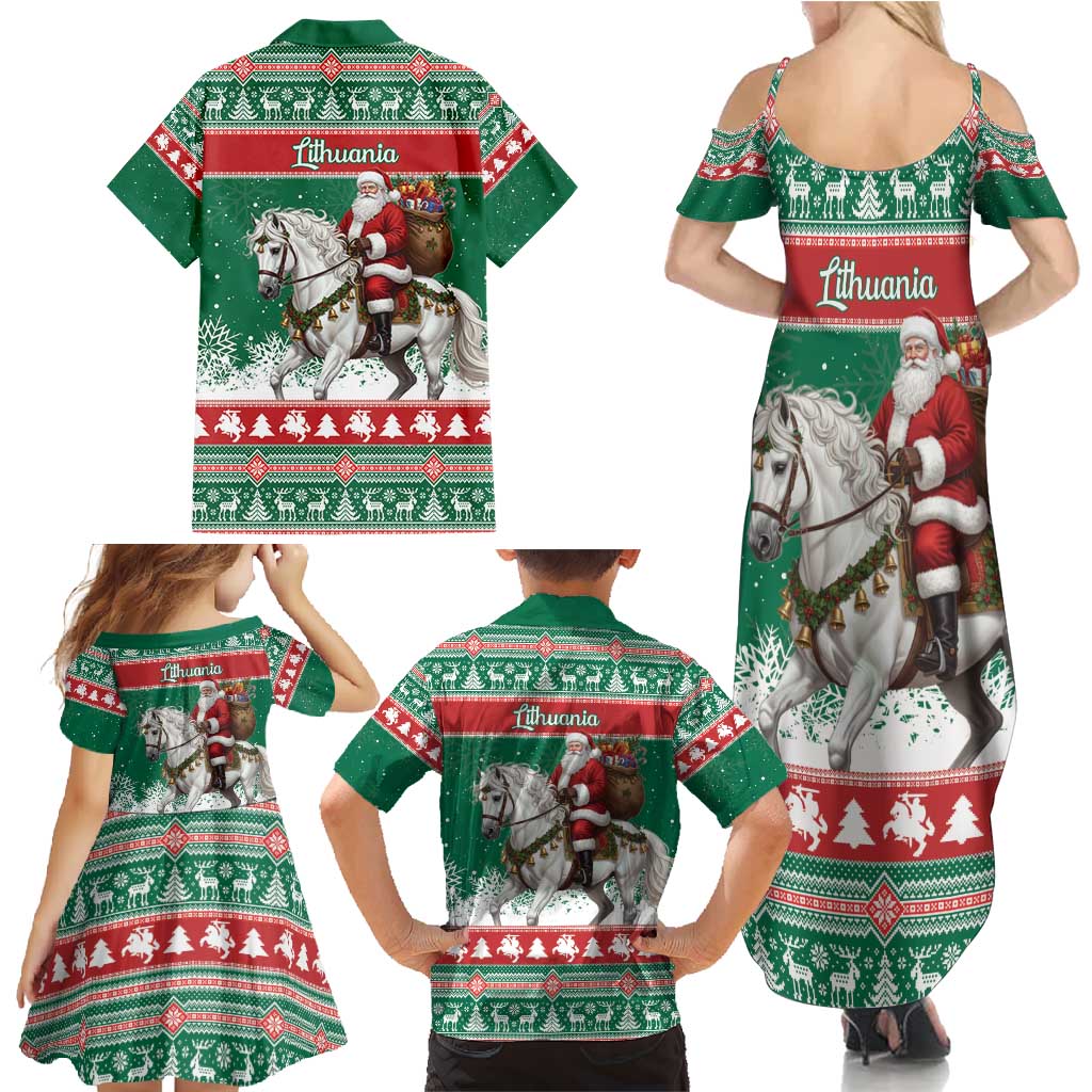 Lithuania Christmas Family Matching Summer Maxi Dress and Hawaiian Shirt Santa Riding White Horse Linksmu Kaledu - Wonder Print Shop