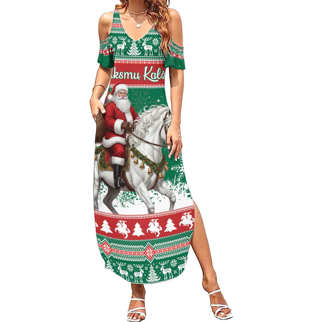 Lithuania Christmas Family Matching Summer Maxi Dress and Hawaiian Shirt Santa Riding White Horse Linksmu Kaledu - Wonder Print Shop