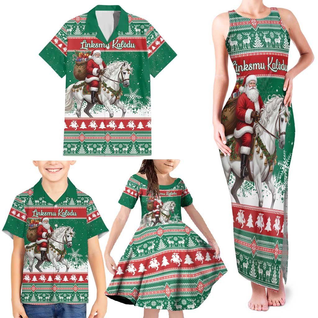 Lithuania Christmas Family Matching Tank Maxi Dress and Hawaiian Shirt Santa Riding White Horse Linksmu Kaledu - Wonder Print Shop