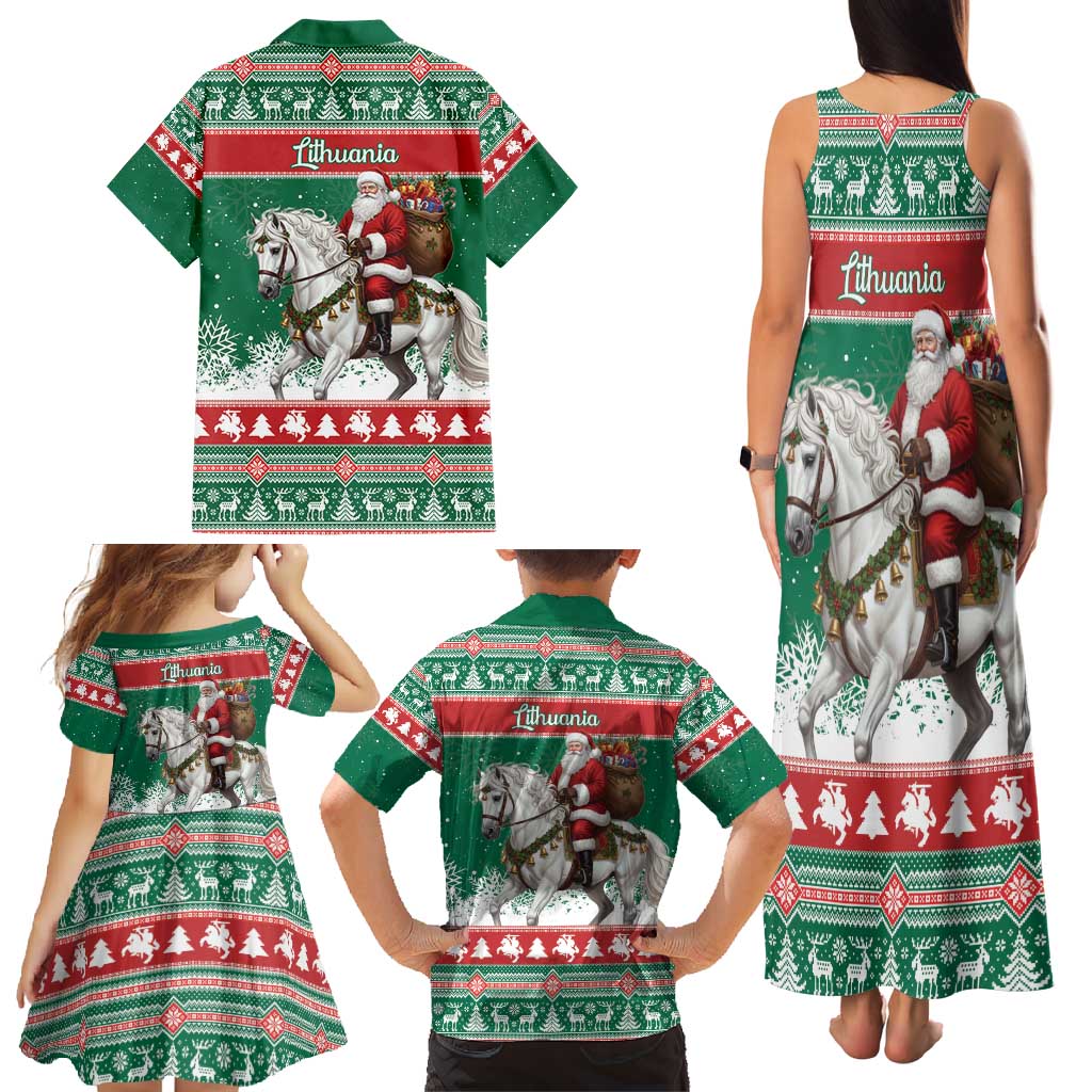 Lithuania Christmas Family Matching Tank Maxi Dress and Hawaiian Shirt Santa Riding White Horse Linksmu Kaledu - Wonder Print Shop