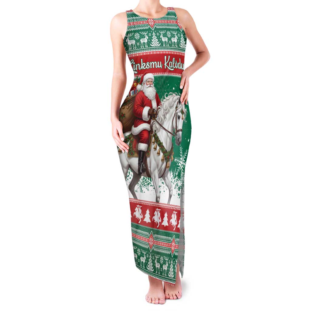 Lithuania Christmas Family Matching Tank Maxi Dress and Hawaiian Shirt Santa Riding White Horse Linksmu Kaledu - Wonder Print Shop