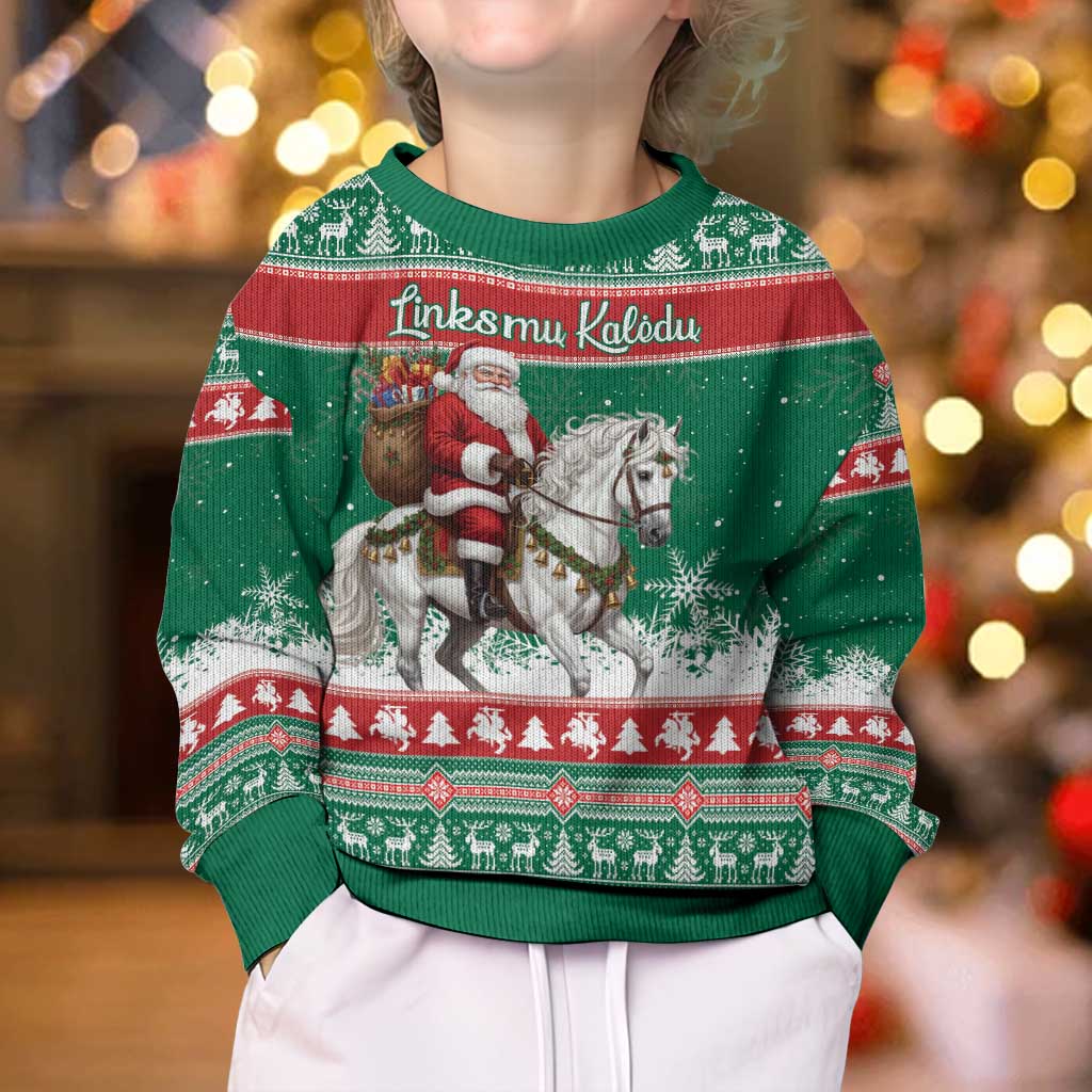 Lithuania Christmas Kid Ugly Christmas Sweater Santa Riding White Horse Linksmu Kaledu - Wonder Print Shop