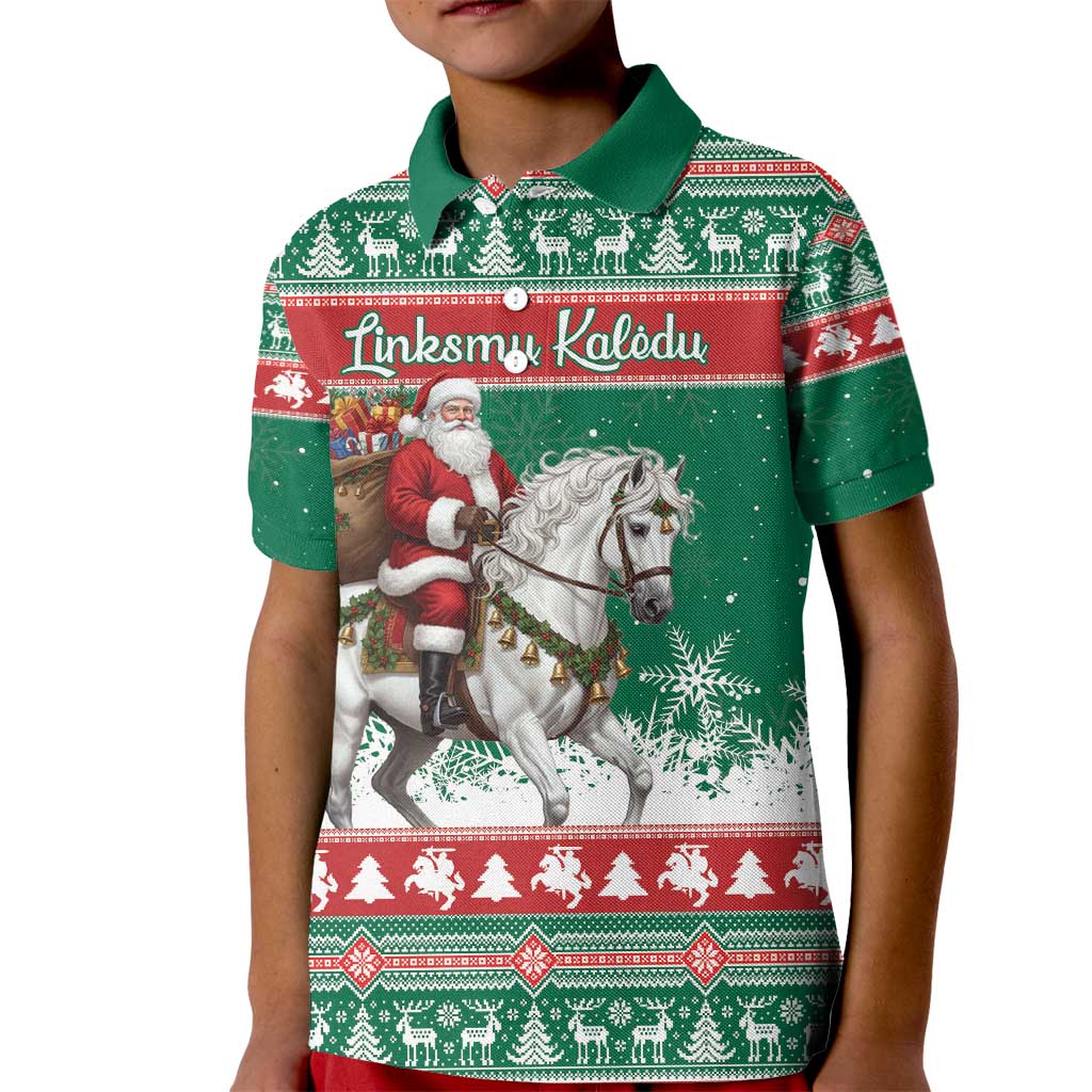 Lithuania Christmas Kid Polo Shirt Santa Riding White Horse Linksmu Kaledu - Wonder Print Shop